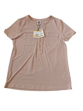 Anne Klein Sandstone Short Sleeve Top With Zipper Front & Pockets Size S